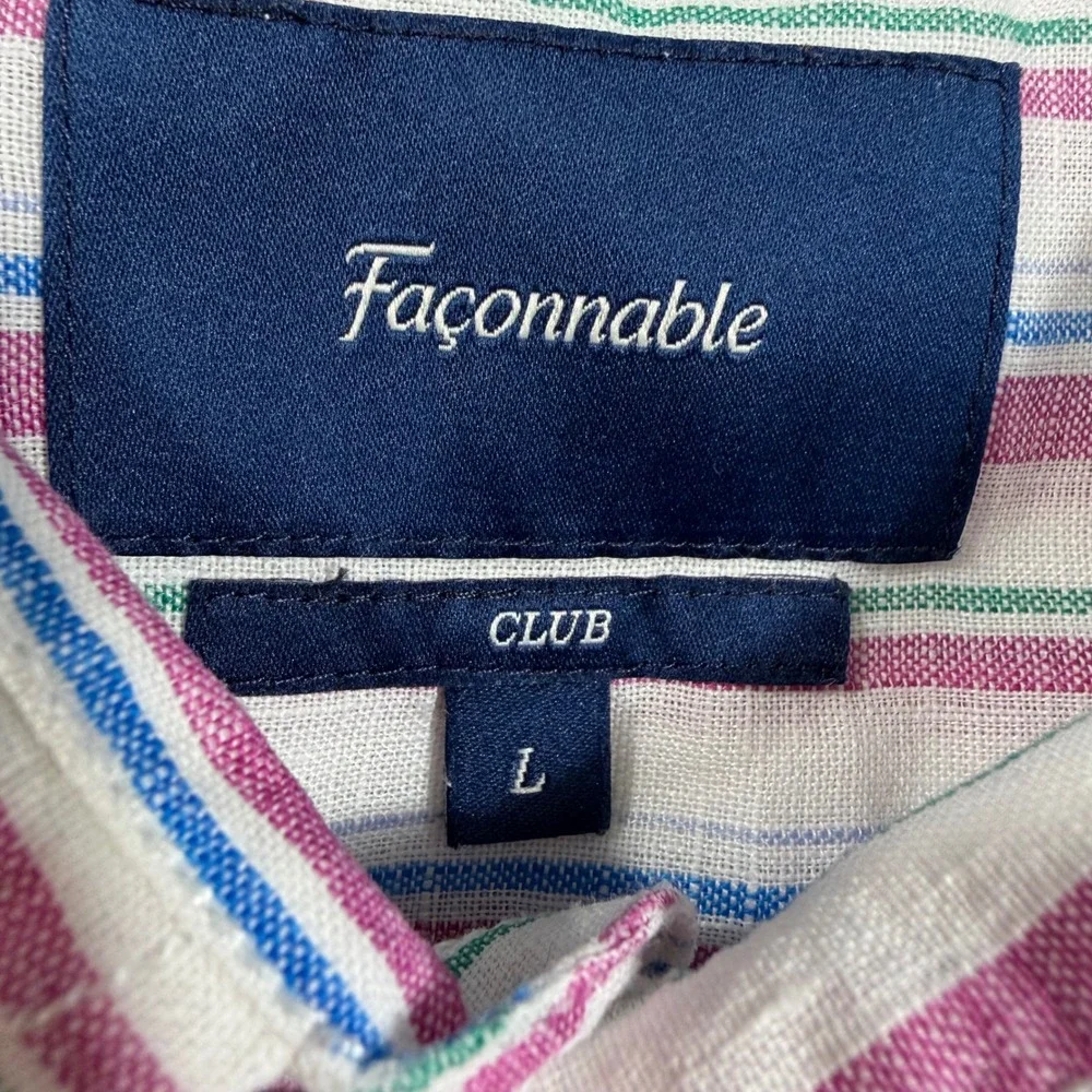 Façonnable Club Button Up Shirt Mens L Stripe 100% Linen‎ Elbow Patch Preppy EUC